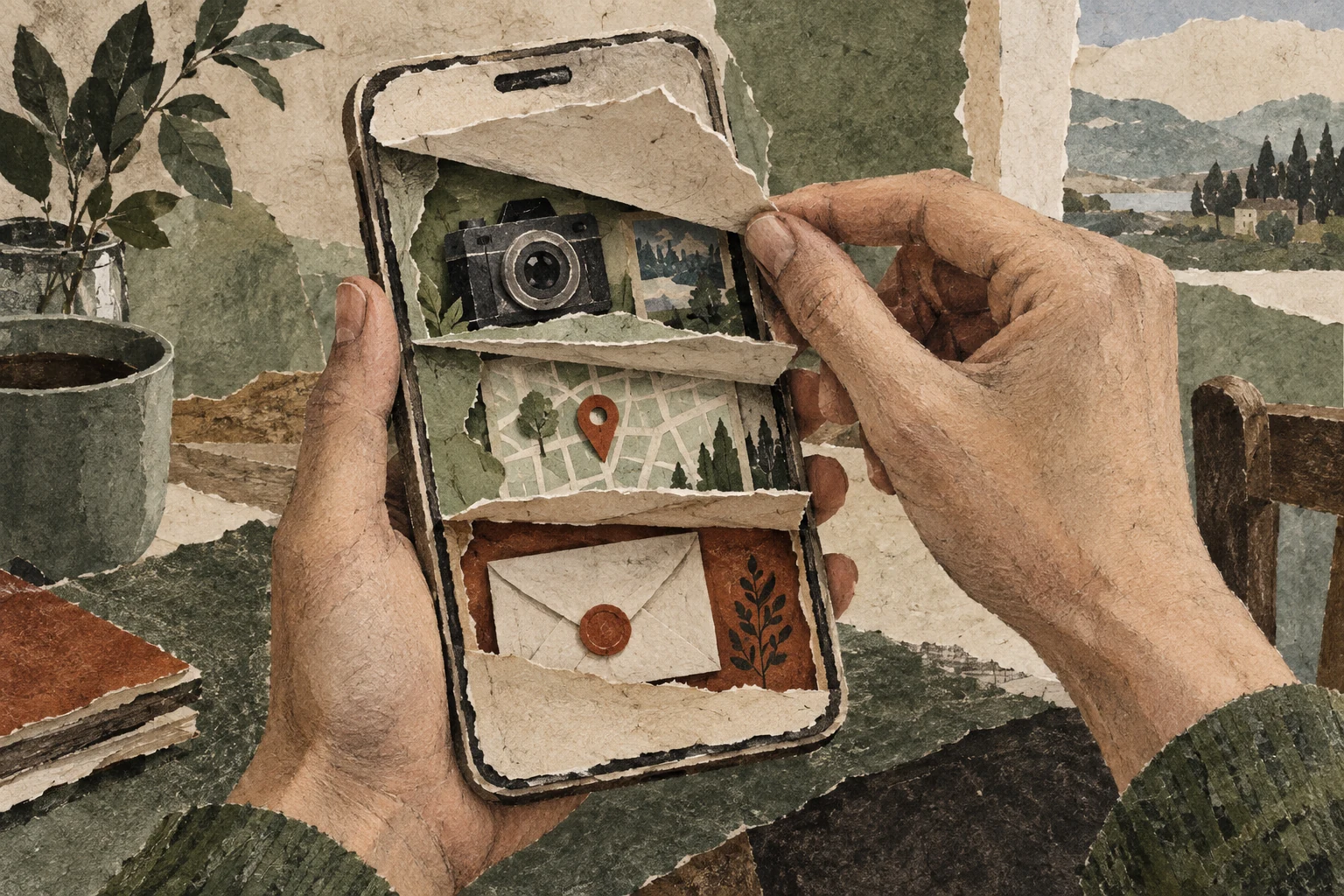 Hands lift a paper layer of a phone to reveal separate compartments for a camera, a map, and an envelope.