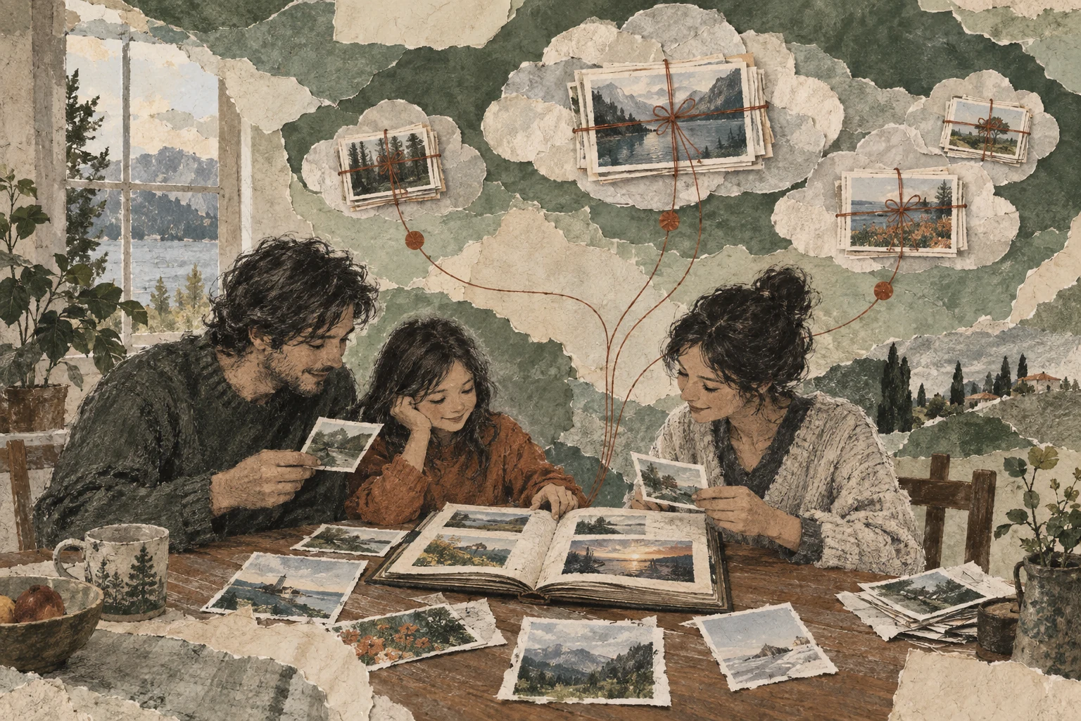 A family sorts printed photographs into a personal album while duplicate memories travel through layered paper clouds.