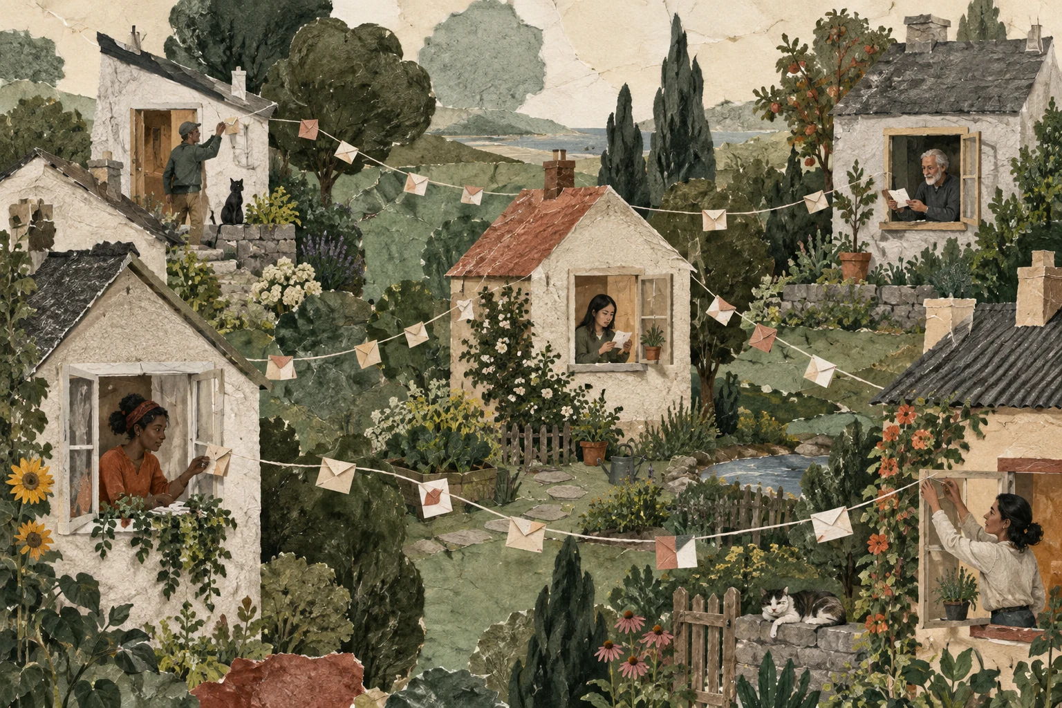 Small paper houses share messages along threads in a garden, suggesting a network of independently tended communities.