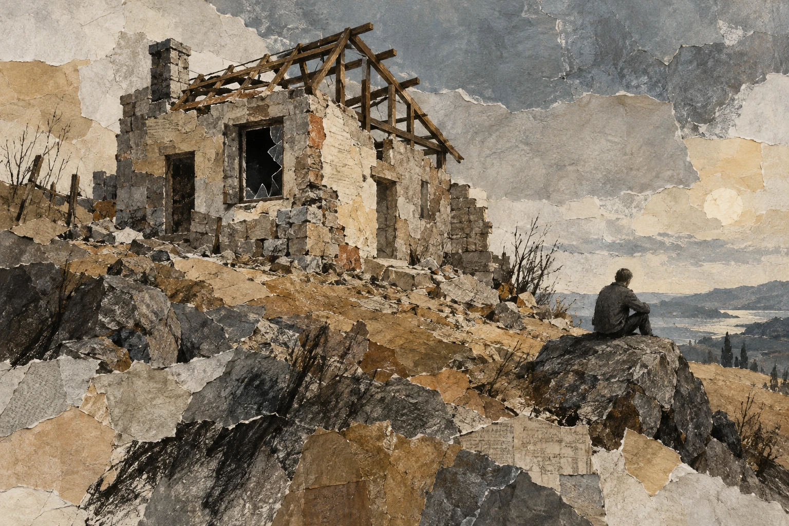 A torn-paper collage of a damaged house with exposed roof beams and a solitary person seated on a rock nearby.