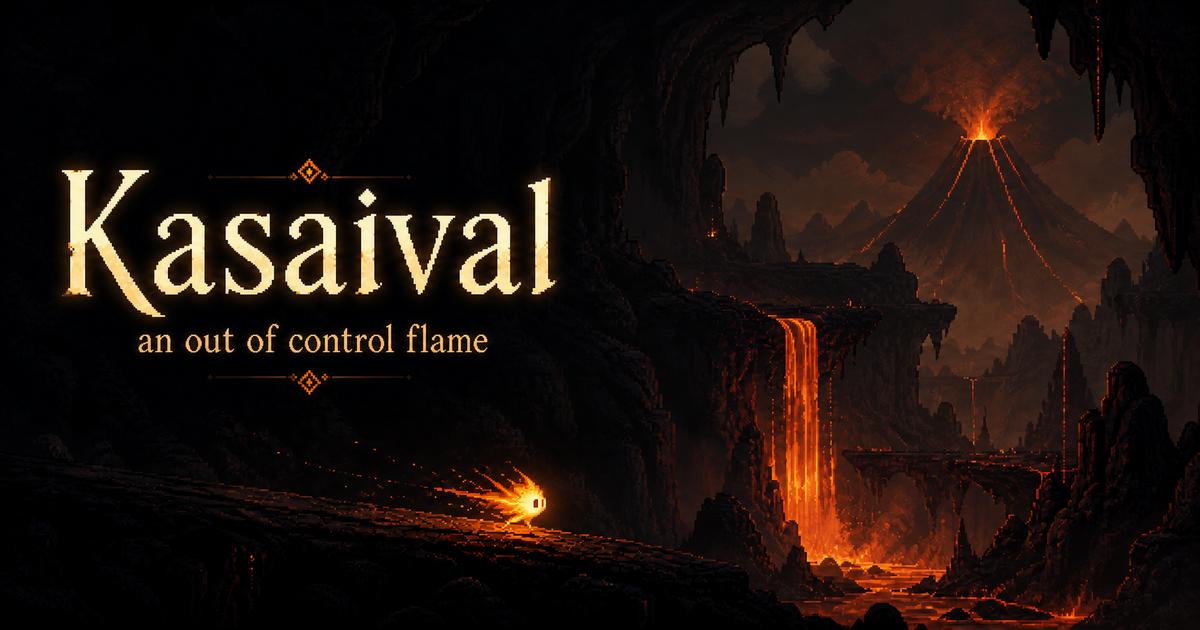 Kasaival, an out of control flame, crossing a dark lava cavern
