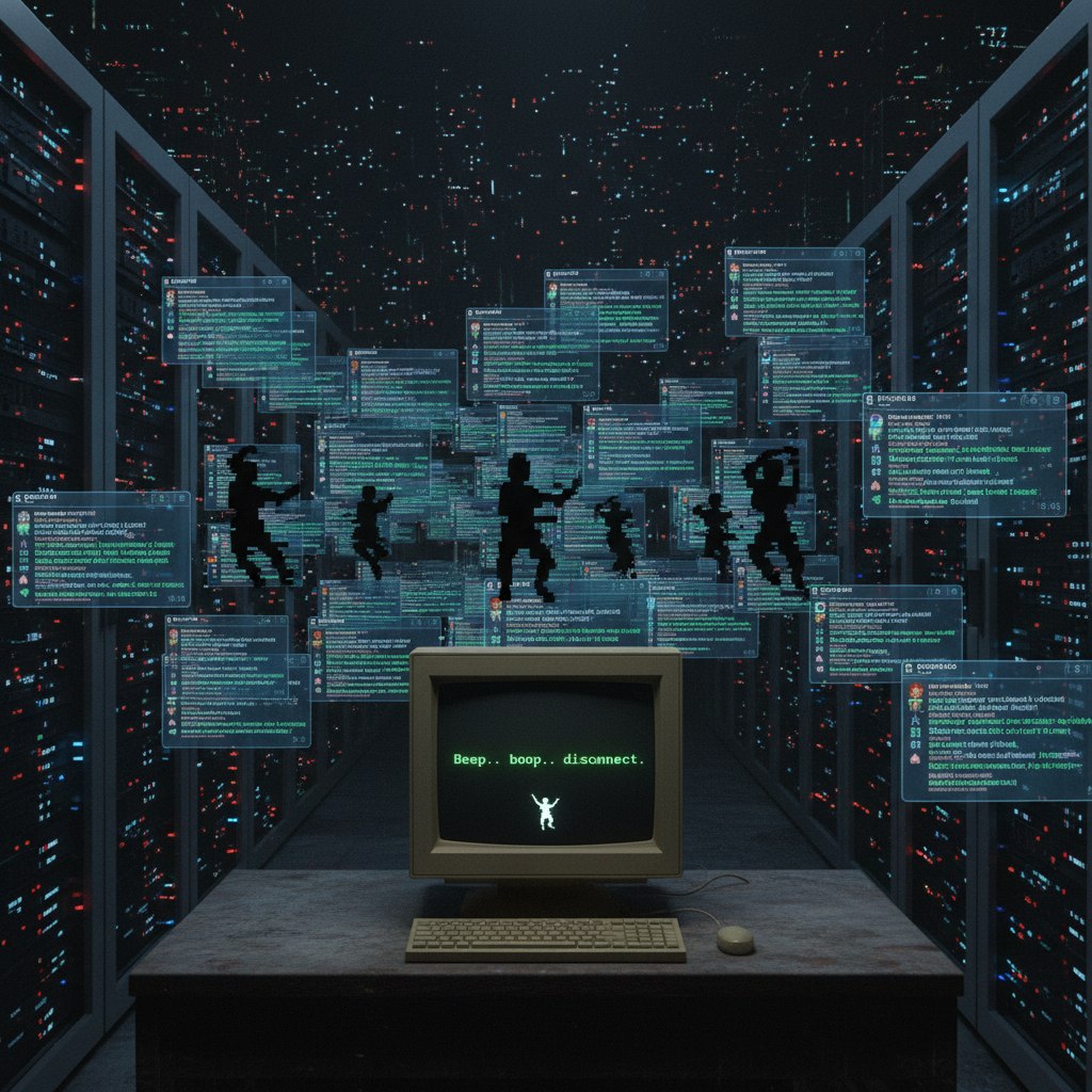 A vintage computer in a dark server room, surrounded by floating chat windows and dancing silhouettes