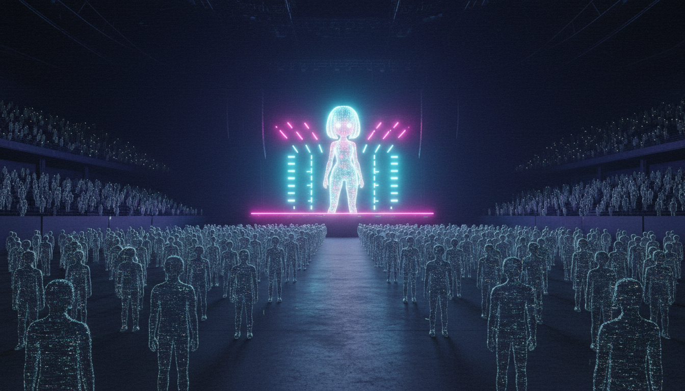 A glowing holographic performer on an arena stage, facing rows of ghostly digital spectators