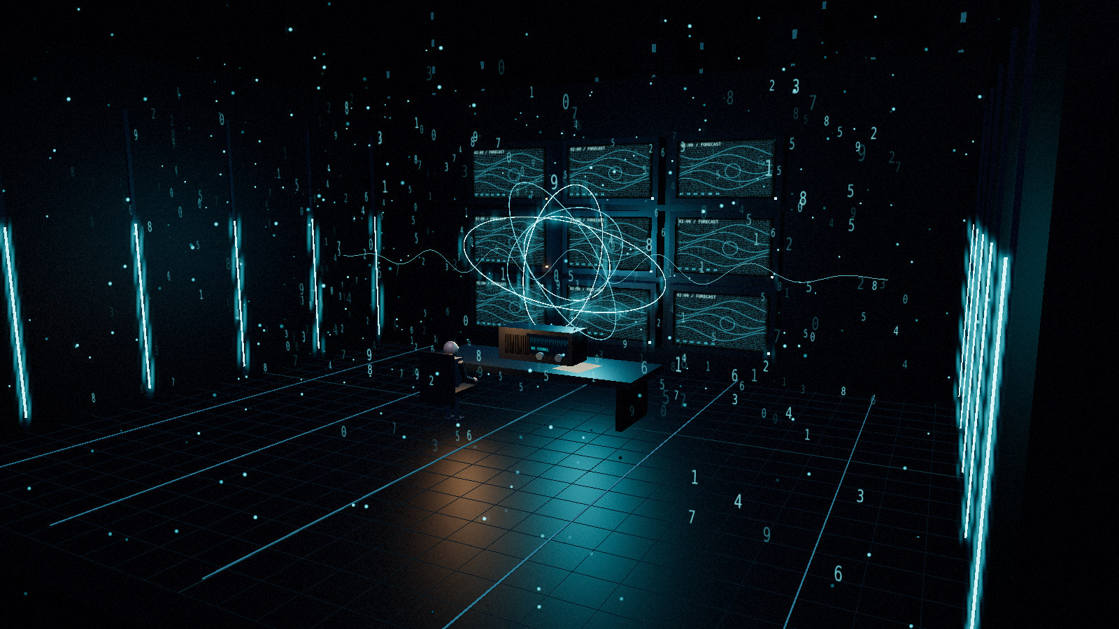 A lone listener at an analog radio beneath cyan weather screens, floating numbers and interference rings in a dark broadcast room