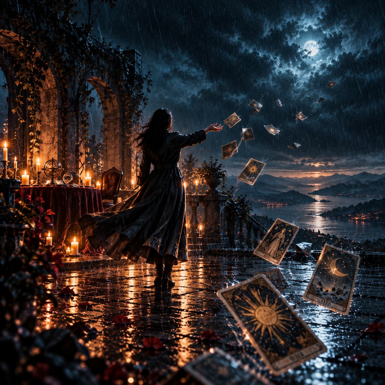 A seer releases tarot cards into moonlit rain beside an abandoned candlelit reading table