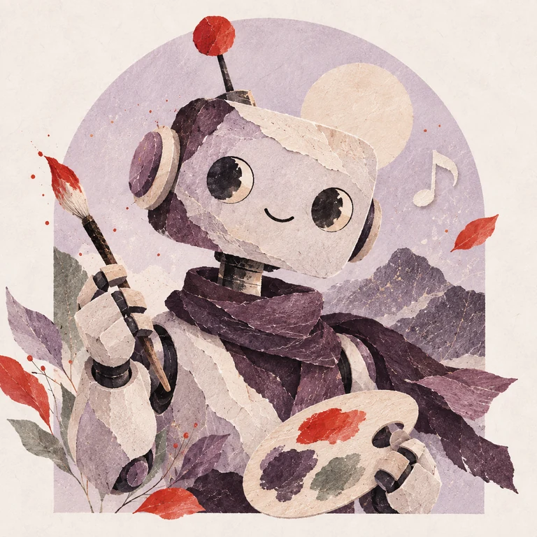Illustrated AI portrait of FunBot with a paintbrush